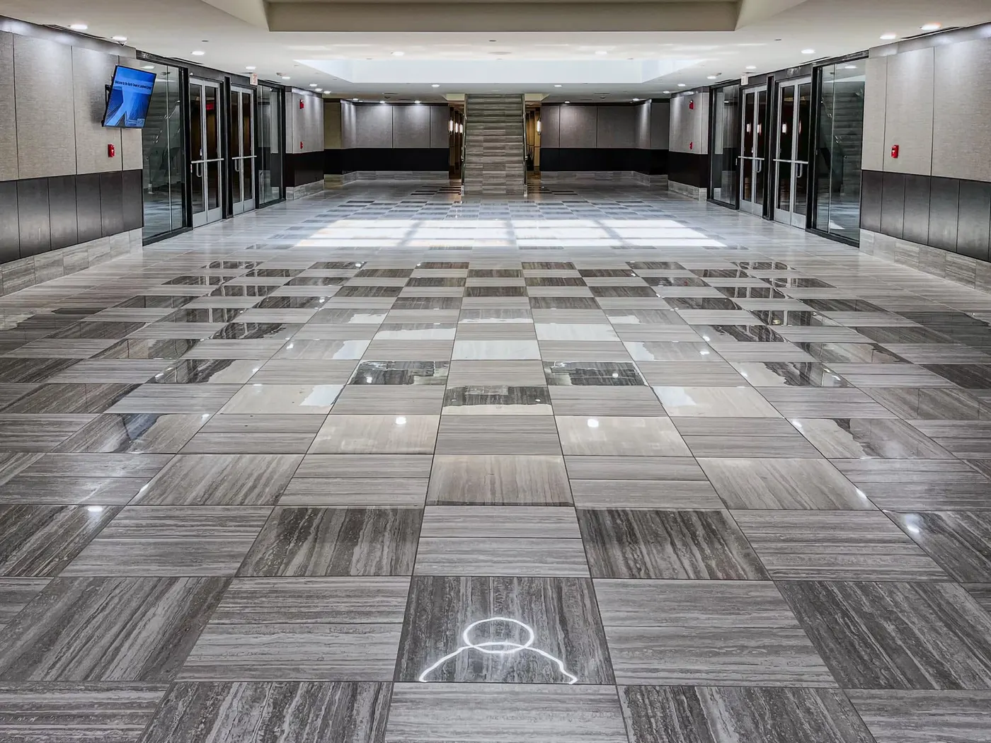 Checkerboard-pattern polished commercial lobby floor